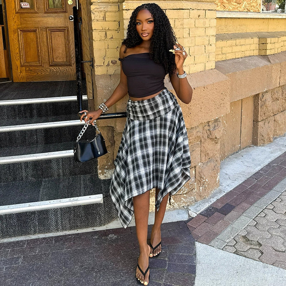 ZARA Slim Color Block Plaid Cinched Asymmetric Sleeveless Short Skirt Set